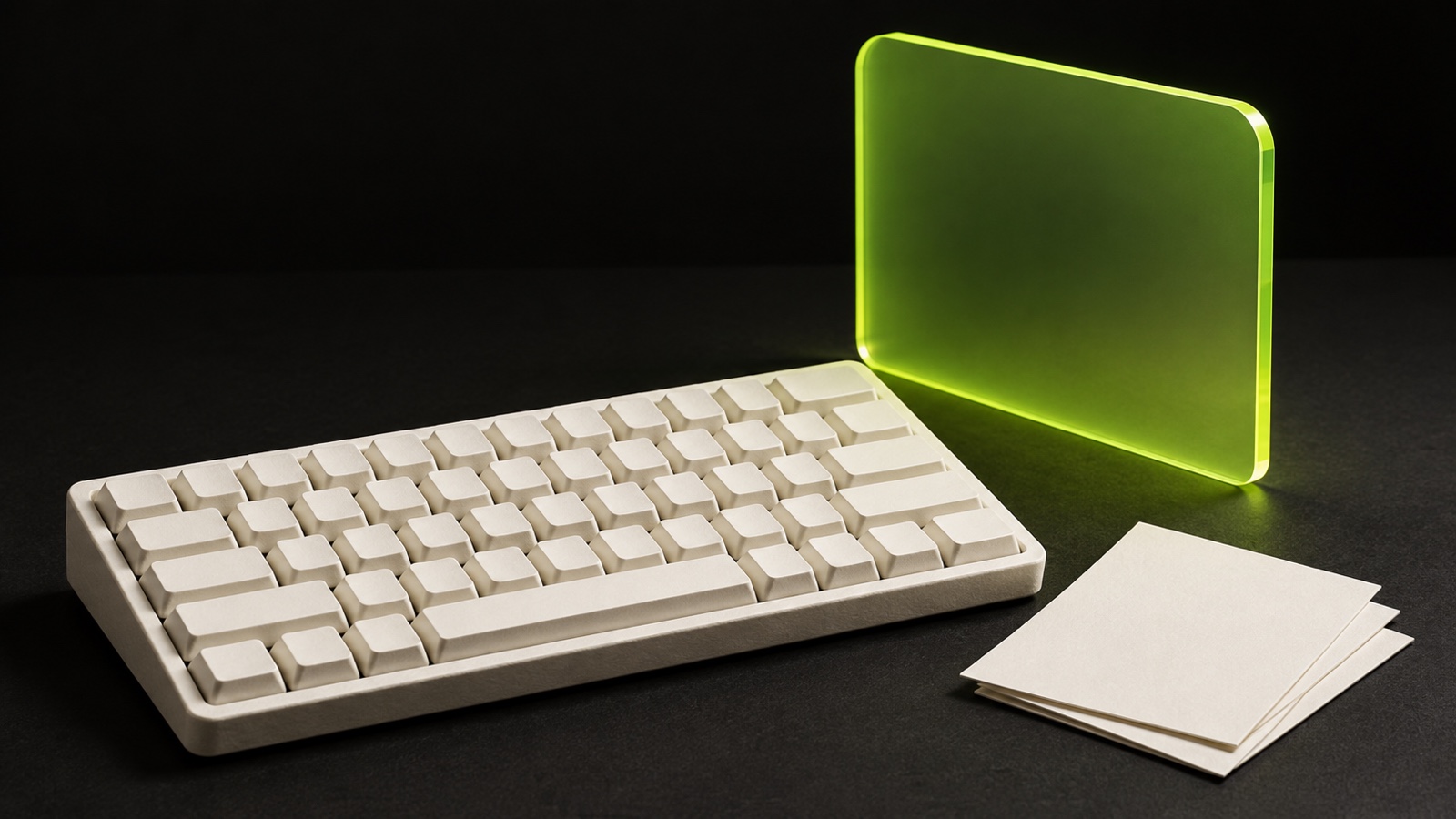 無刻印のキーボードと白い作業カードのそばに立つ、ライム色の透明パネル。作業中にAIを呼び出すことを表す概念イラスト